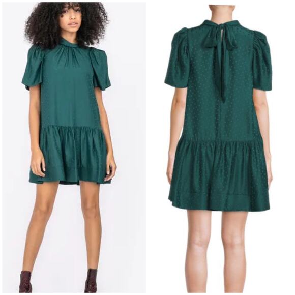 Tanya Taylor Dresses & Skirts - Tanya Taylor Green Swiss Dot Tiered Mini Dress Flutter Sleeves Pockets Size M